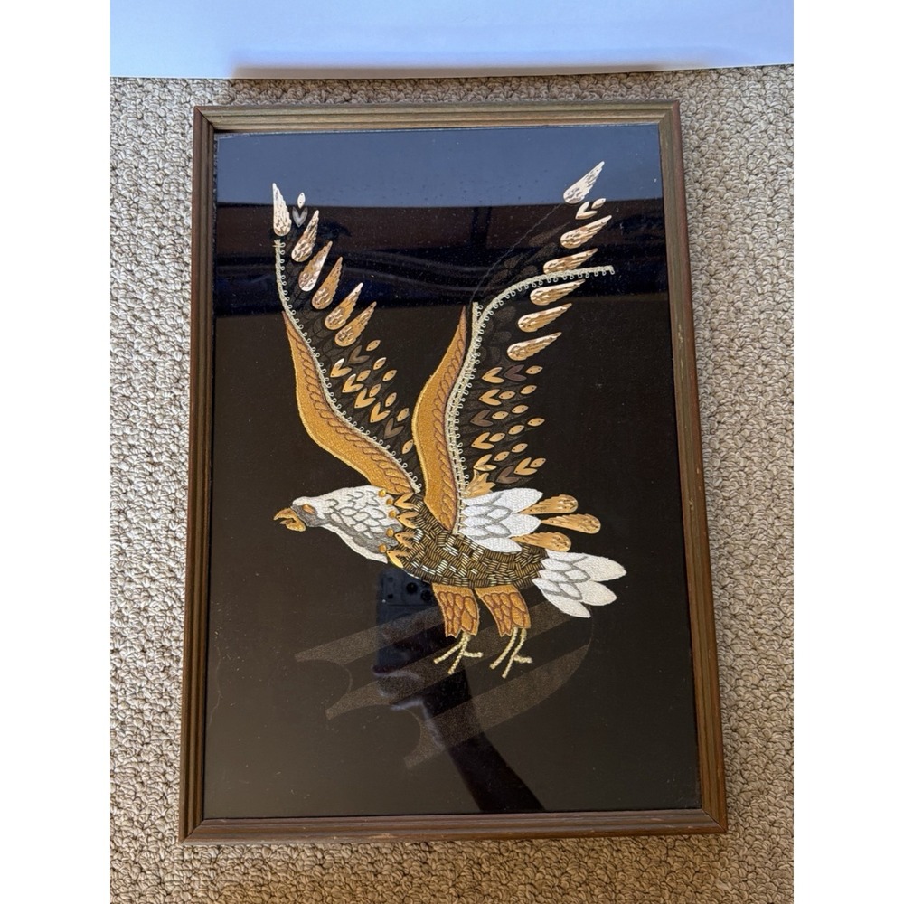 Velvet Bald Eagle Silk Screen Beaded Sequin Embroidered Applique Framed Wall Art